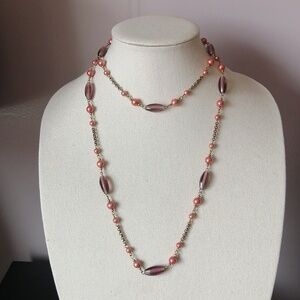 Vintage Art Glass Necklace Purple Pink Faux Pearl Beaded Bronze Chain